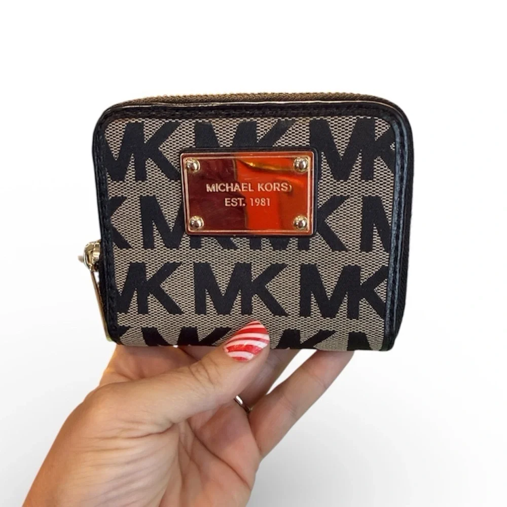 Michael Kors Black and Brown Logo Wallet MK small card coin purse designer